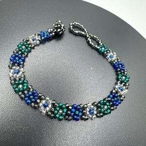 Vintage Handmade Beaded Bracelet Blue Green Silver Seed‎ Bead Boho Handmade D14Q